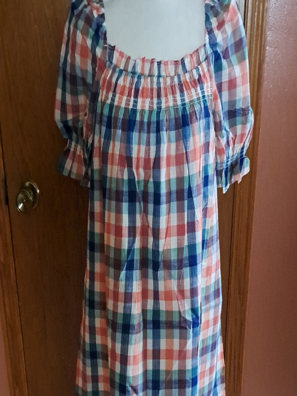 NWT ModCloth Coral, Navy & Teal Plaid Smocked Dress
